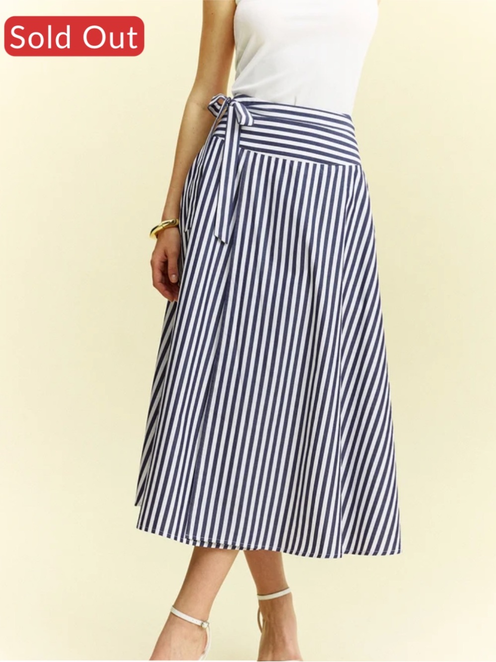 Commense Navy and White Striped Wrap Midi Skirt